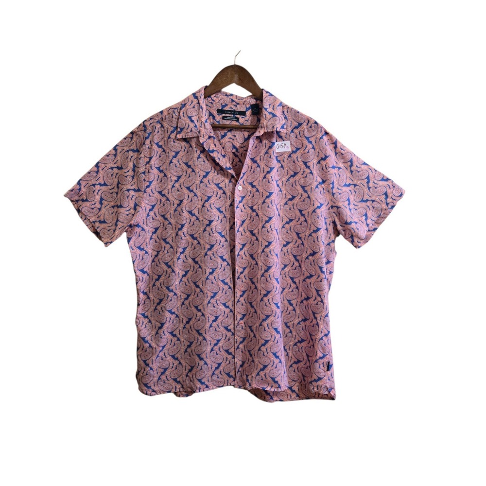 Perry Ellis Men's Short Sleeve Button-Up Shirt SZ XL Linen Blend Blue Paisley